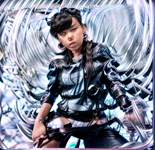 1 woman 30 years old, One, long straight black hair, bang,I look at the viewer, detailed eyes, shy smile,Jewelry, medium breast, earrings,belt, blue leather jacket over a tight red t-shirt,mini skirt,sheer white tights,NECKLACE, bracelet, lips,((Dynamic angle)),