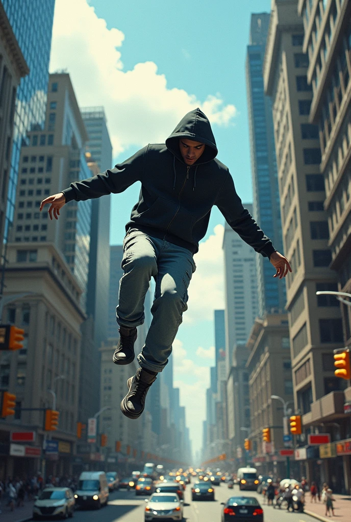 Man in hoodie rapper clothes falling from the sky in his coat to the ground in a city seen from above
