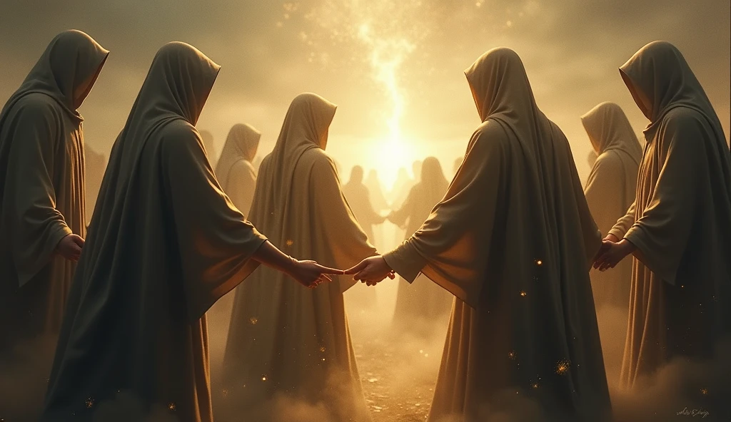 people in cloaks holding hands making a chain of prayers, and lots of God's light and energy on them ultra-realistic image