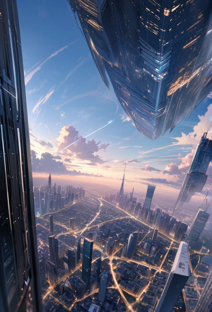 Vertical, sky scraper, zero gravity, city, floating, imaginary, masterpiece