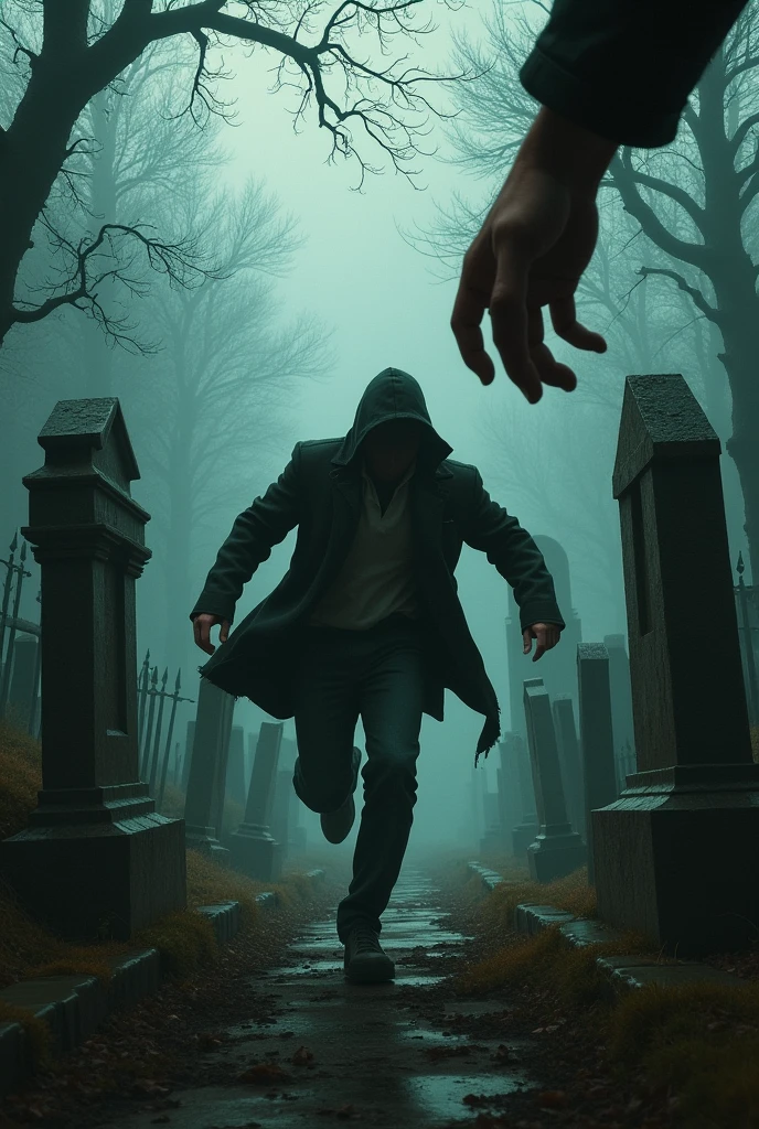 Hand pulling a jacket of someone who is running in a cemetery