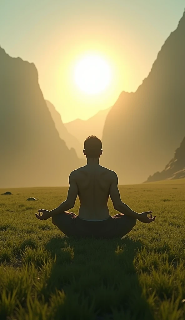 Ultrarealistic 8k Image, The Rising of the Warrior: "A person kneeling in the middle of a green field, with head down and hands resting on the floor, as rays of dawn light begin to bathe your body. Ao fundo, the silhouette of tall mountains and a clear sky. The person begins to slowly stand up, with an expression of inner strength, ready to face the challenges."