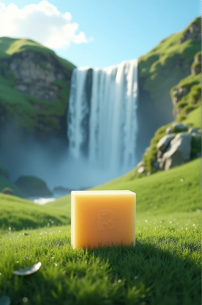 A regular soap on a green field with waterfalls in the shape of a logo