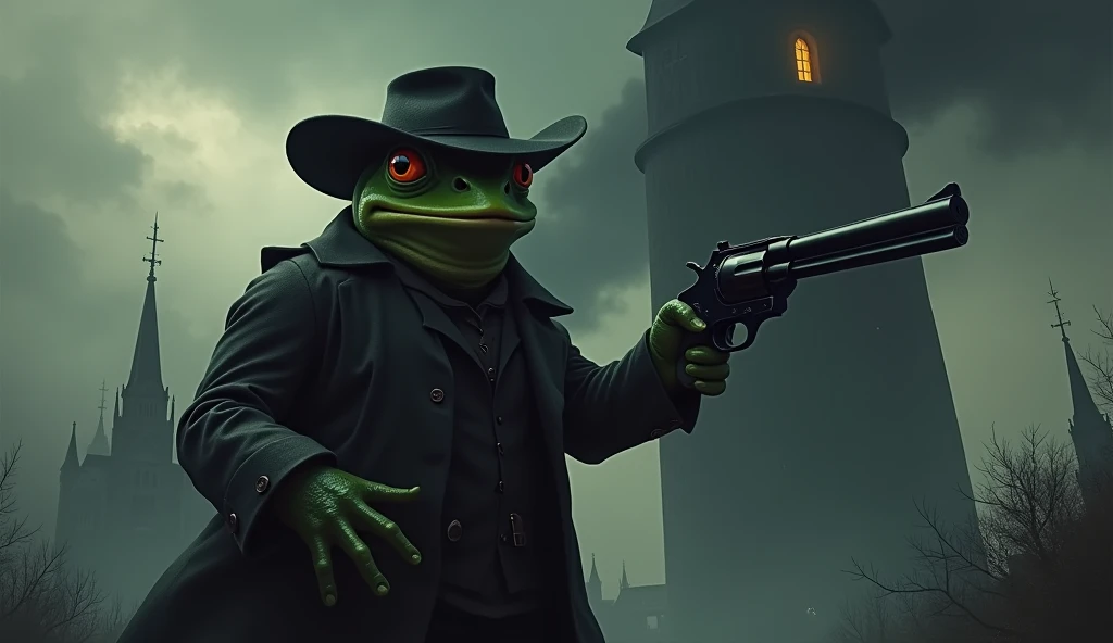Gunslinger frog with a black tower behind it coming out with black smoke