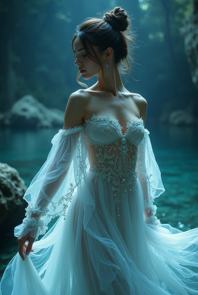 an outfit for a dance that deals with the sea, the fabric looks light with details and the arms have sleeves with bare shoulders, that the chest part is a straight cut and that the girl has simple accessories