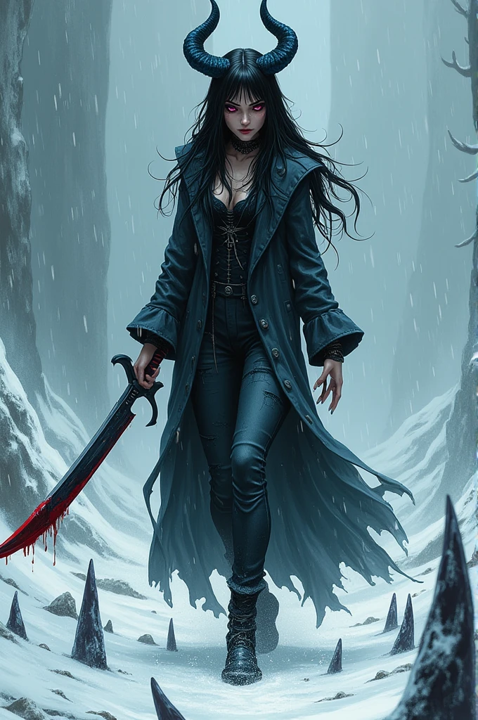 Manga art of a woman, tall and thin, long black hair, blue demon horns, Crimson Eyes, razor-sharp claws, psychopathic smile and look, holding a dark blue sword. She is walking in a dark and snowy place, with ice stakes all around and falling snow and blood on the sword