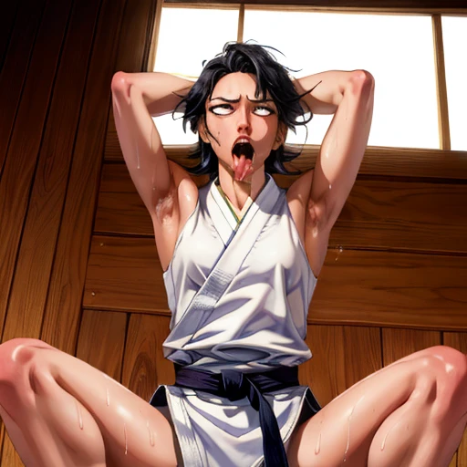 ((((masterpiece, best quality, high resolution)))), Extremely detailed 8K, 1 female, wearing a white Karate gi, (ahegao),white eyes, Small breasts,full body, kneeling, tired, (muscle:1.4), japanese clothes,  No underwear,No eyeballs, Facing the audience, looking at the audience, tired, from below, (Exposed armpit:1.1), ((armpit:1.2)), sexy, Sweating, More and more sweat,(ahegao), (Roll your eyes),  open mouth, Sticking out tongue, saliva, Slobber,Skinny, raise arms, (arms above head:1.5)(Ultra HD, Ultra-detailed, Highly detailed, Highly realistic, Ultra-realistic, photograph realistic), (1girl:1.5), (Realistic black hair), (dynamic poses), facing at camera, looking at viewer, (slightly serious face), (perky breasts:1.2), (beautiful detailed face, beautiful detailed eyes), ((worn out karate gi)), (preparing for a fight), sweat, glow, (sunbeam, sunlight), ((cowboy shot)), inside a training gym, seductive, EnvyBetterHands LoCon,