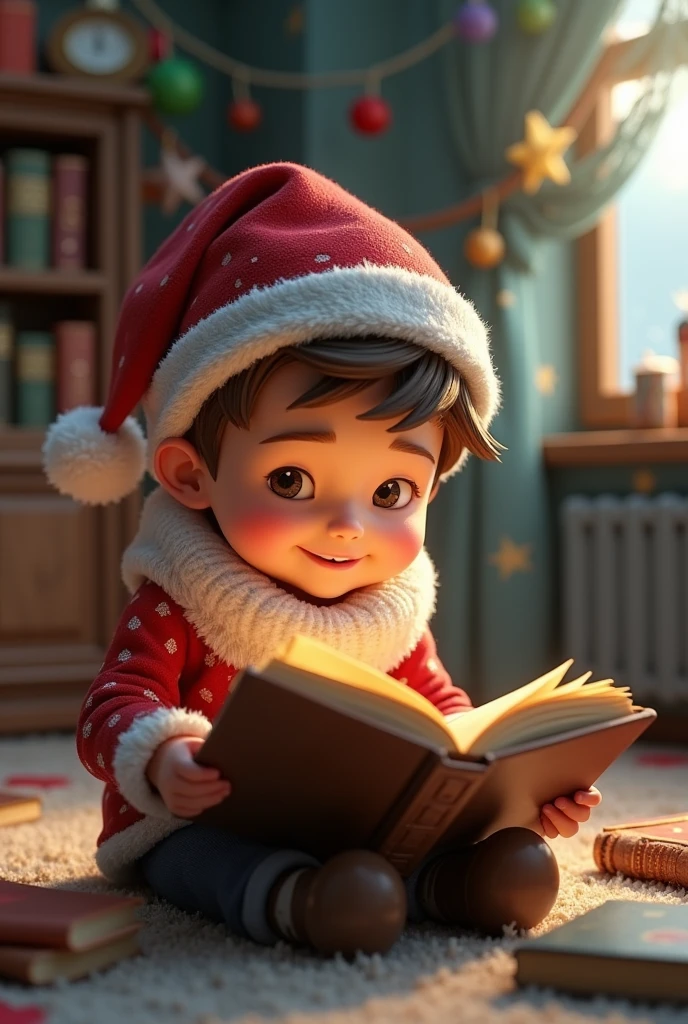 A boy with a book and a Christmas hat, and 3d