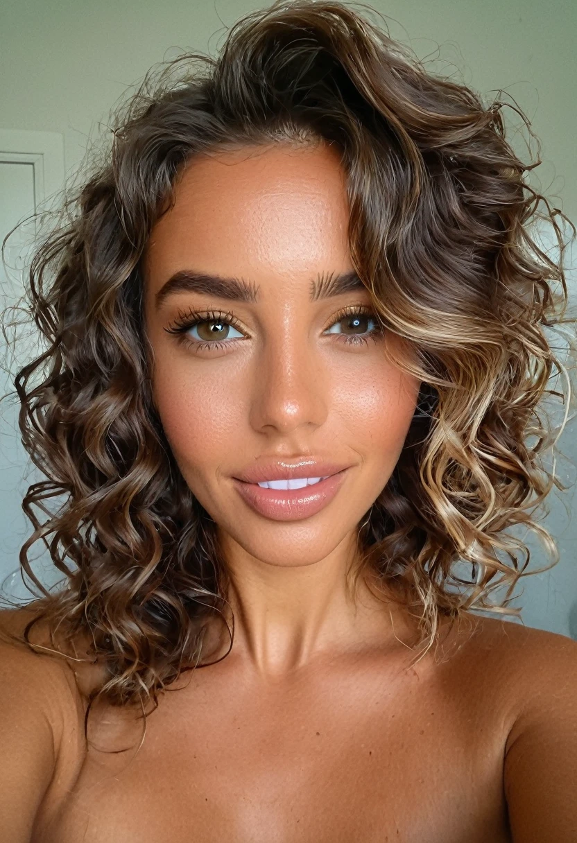 grain de film, Texture de la peau, wavy hair tan, bronzé, selfie, ,F/1.8, dans sa chambre, fais une grimace, drapeau cubain au mur
