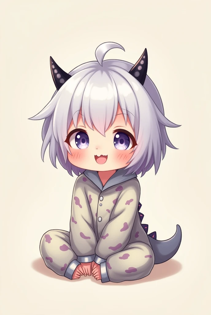 Anime in dinosaur pajamas With white hair with purple and light blue Small fangs and two black horns