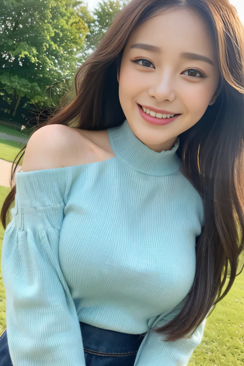 seed:1082546263..((close-up:1.2)).((Highest quality, 8k, masterpiece:1.3)), ((from below:1.1)).concentrated:1.2, Perfect body beauty:1.4, Hips:1.2, ((Delicate Hair)), (A colorful and elegant solid color off-the-shoulder lantern sleeve shirt(Waist,Shorts :1.1) , ((Highest quality、8k、masterpiece:1.3))、1 A cute smile、Esbian all over body、Slim face、Big Boobs、Beautiful woman、(Dark Brown Hair)、Long Hair、1.1、Flickering Valley、Detailed eyes、double eyelid、Blurred Background、超Slim face、smiling face、Cross your arms、Looking down、Walking in the park、