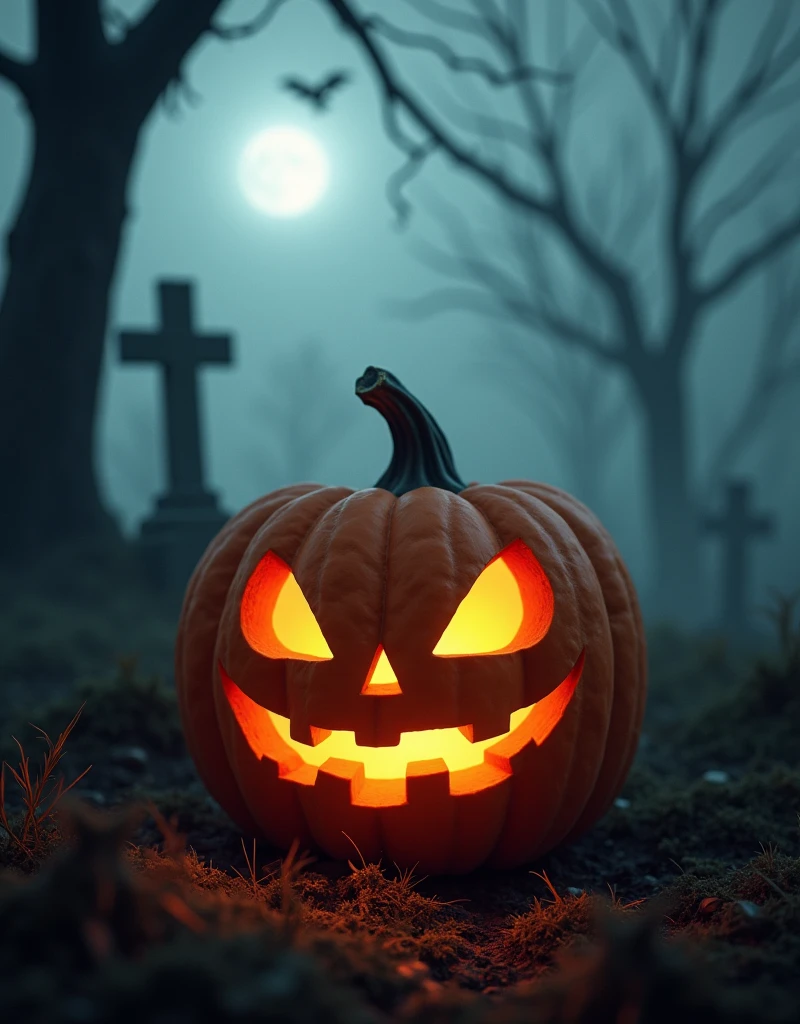 A pumpkin with eyes and mouth lit up, in a foggy graveyard