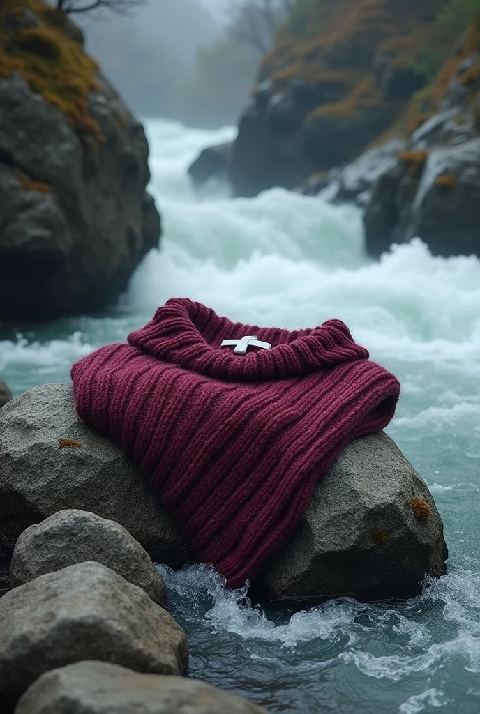 a wine-colored wool sweater on a giant stone in a rushing river