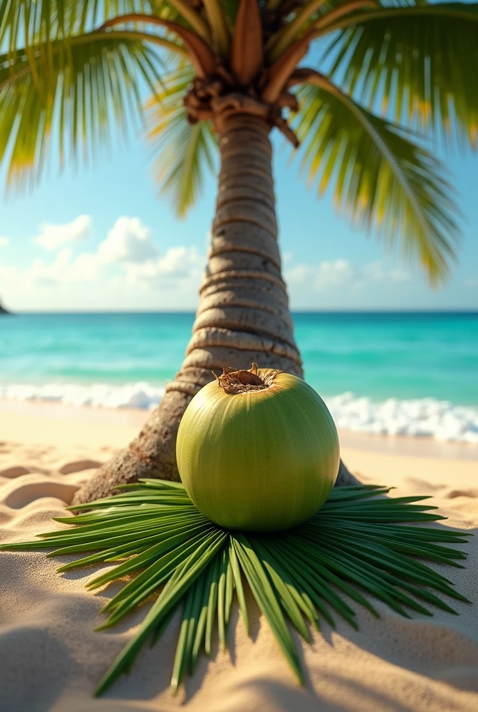 At the base of a coconut tree it looks like a freshly picked young coconut. There are also several clumps of coconut leaves stacked under the young coconuts and a view of the beach. Describe the situation from a close distance with emphasis on space., weave and shape