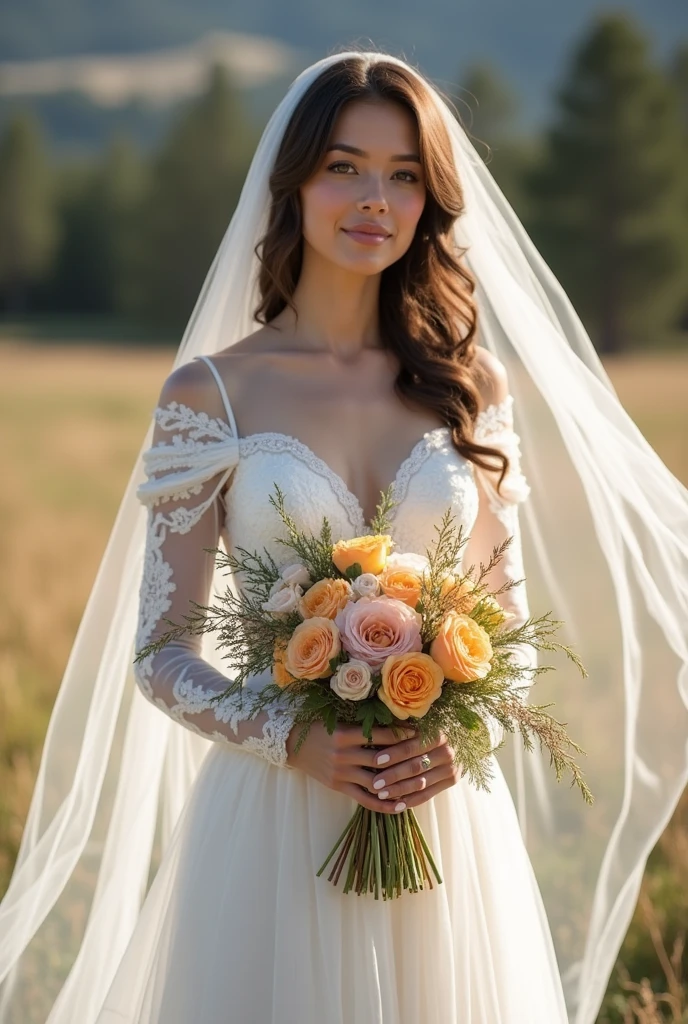 Beautiful brunette and white wedding dress With long sleeves and a huge flowing veil With a bouquet in tones inspired by the Yellowstone series