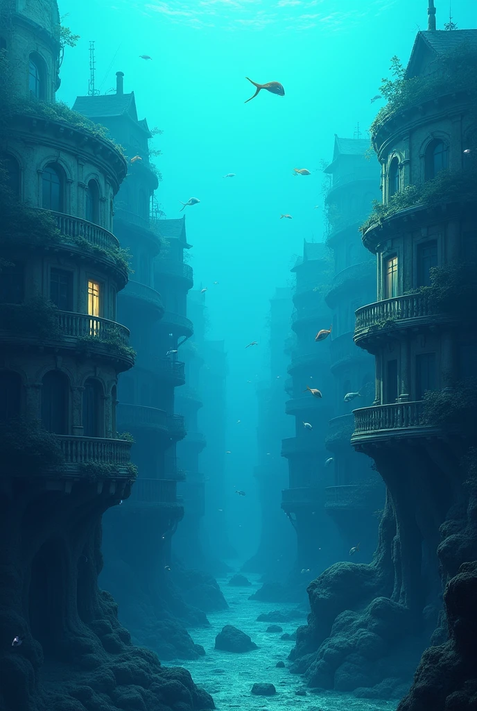 blue image with submerged houses in the city