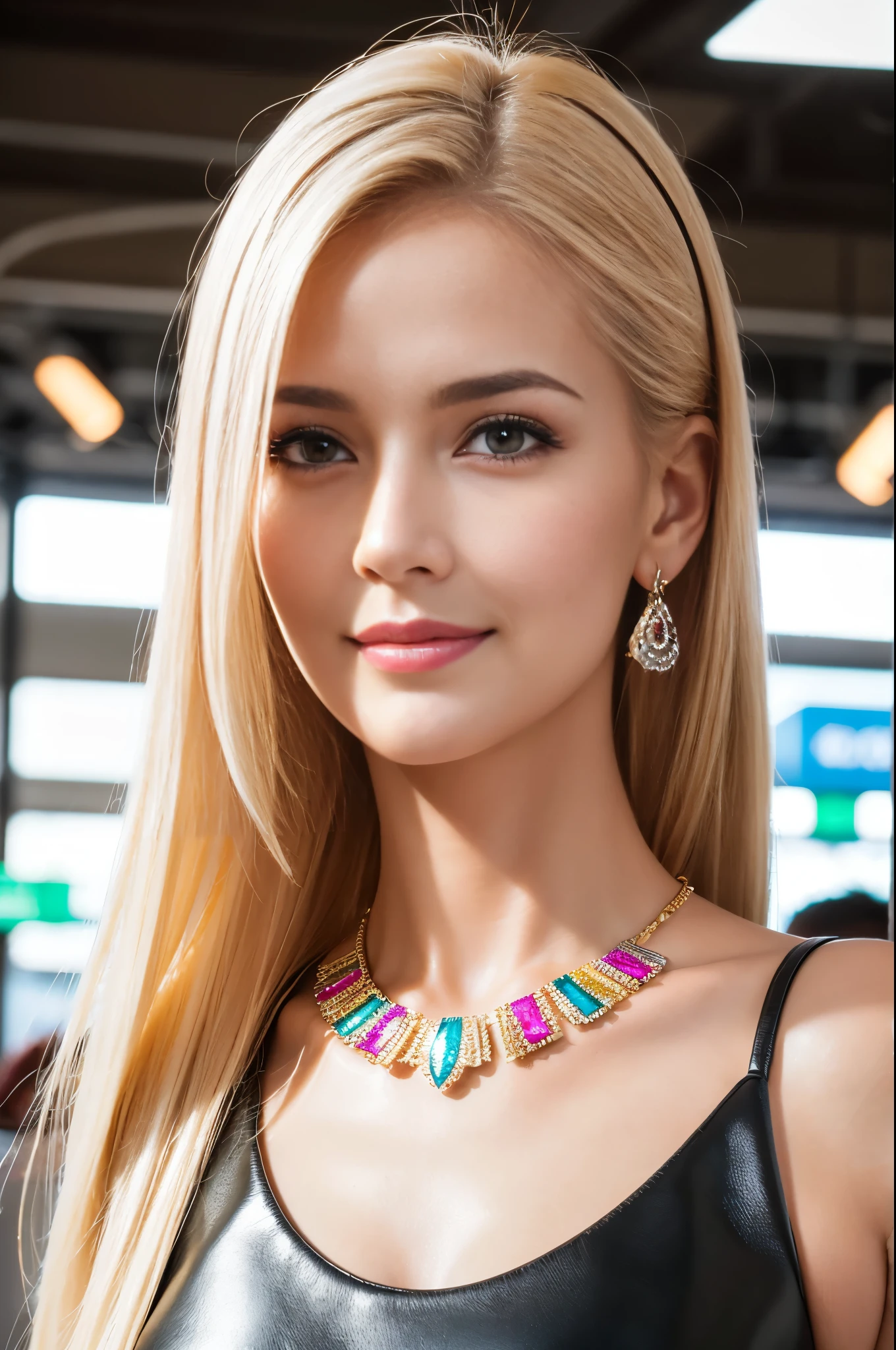 (best quality, 4k ,8k, highres, masterpiece:1.2), ultra-detailed, (realistic, photorealistic, photo-realistic:1.37), closeup, beautiful Swedish woman, beautiful smile, long lashes, defined eyebrows, platinum blonde hair, fair skin, slender figure, elegant posture, wearing large sparkling colorful jewelery, wearing a business style black leather dress, standing in a large shopping mall, gentle sunlight shining through the shopping mall windows, casting a soft glow on her face, adding warmth to the scene, vibrant colors, capturing the essence of vibrant city life, portrait style, showcasing her natural beauty and grace in a feminine way.