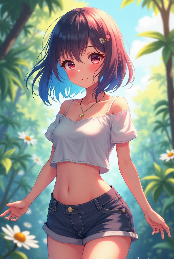 Anime girl in shorts and a crop top