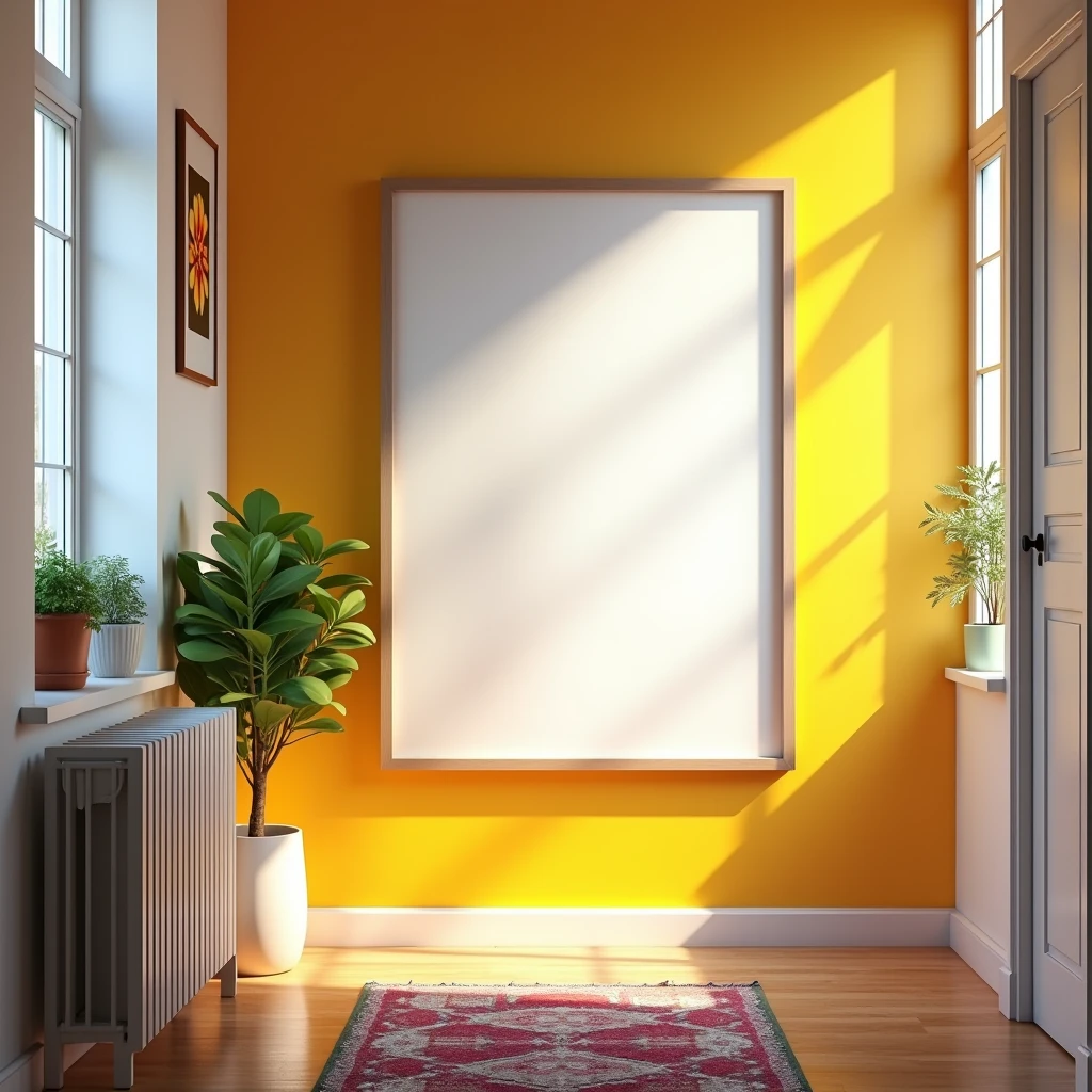 A hyper-realistic HDR hallway scene in a modern home, filled with vibrant colors and crisp details. A vertical A4 frame with a blank white canvas is hung on a brightly painted wall, creating a focal point in the corridor. The hallway is decorated with playful, colorful artwork and a stylish rug that adds warmth to the space. Natural light streams in from a nearby window, casting soft shadows on the blank canvas and enhancing the vivid colors around it. The atmosphere is welcoming and full of energy, perfect for showcasing creativity in this lively corridor.