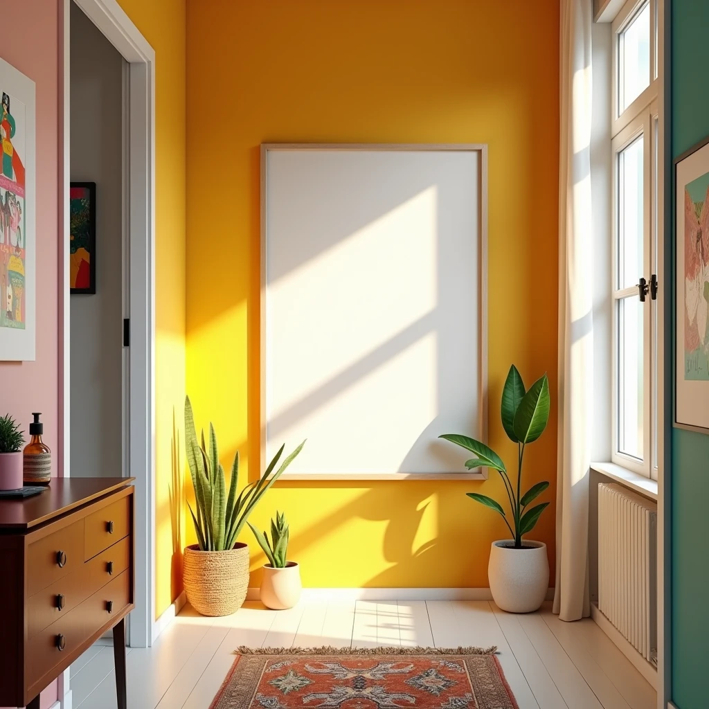 A hyper-realistic HDR hallway scene in a modern home, filled with vibrant colors and crisp details. A vertical A4 frame with a blank white canvas is hung on a brightly painted wall, creating a focal point in the corridor. The hallway is decorated with playful, colorful artwork and a stylish rug that adds warmth to the space. Natural light streams in from a nearby window, casting soft shadows on the blank canvas and enhancing the vivid colors around it. The atmosphere is welcoming and full of energy, perfect for showcasing creativity in this lively corridor.