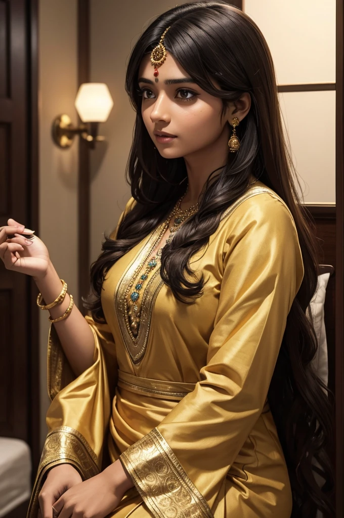 a indian girl, with a black gem stone with details gold in her hand. this girl is wearing a dress with mutiple colors. brown eyes, and brown long hair with fringe. she's at a house villagwith color houses. detailed face, wearing surgical outfit, in a beautiful hospital, photorealistic, highly detailed, intricate, cinematic lighting, 8k, hyper realistic