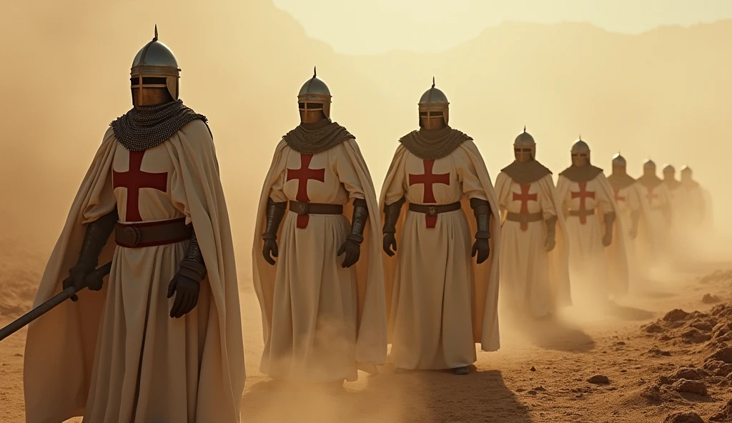 Knights Templar, dressed in white cloak and red cross, original helmet of the time, in the desert of Jerusalem, in battle,a dense horror, volumetric lighting, hazy, cinematic, epic horror, art season trend, sharp focus, studio photo , intricate, highly detailed, by Greg Rutkowski.
