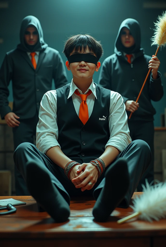 Malaysia malay handsome 20 years student 
He laugh very hard
His hand tied up  in warehouse 
Blindfolded
Hand handcuff
Black vest orange tie
Focus feet on desk
feather duster on desk
Puma shoes on desk 
Black stinky sock
2 man holding feather  duster 
