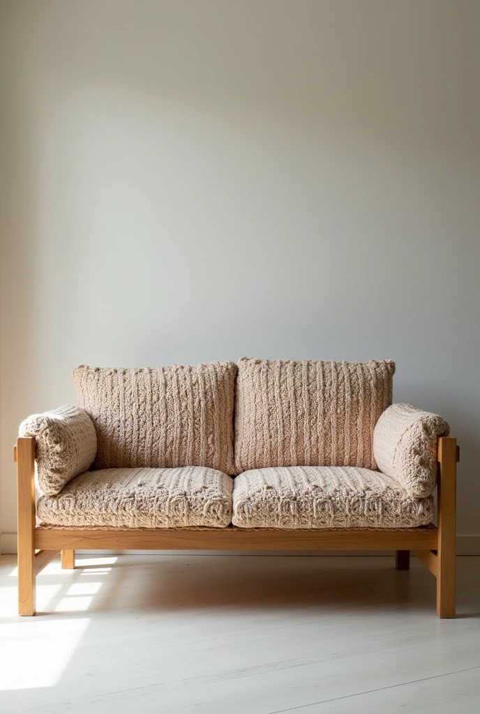 Create a comfortable sofa, with wood and upholstery made of knitting or crochet that resembles a grandmother's sofa a sofa that is also very modern Enlarge this image Leave the upholstery with a knitted or crocheted appearance and from the front Leave the meeting of the same color as the seat and show the full photo Perfect, now make all the upholstery look like it was knitted