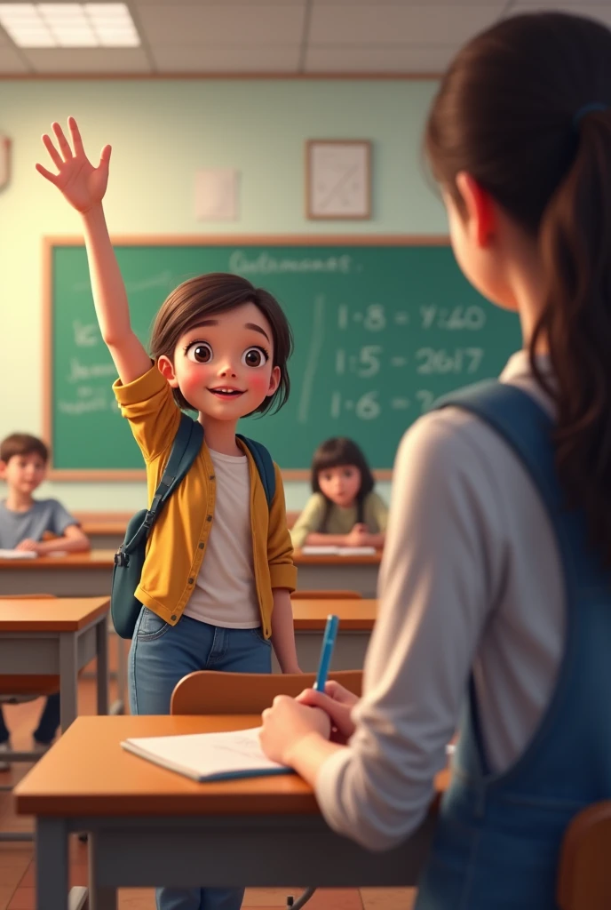 student raises her hand and asks the teacher something