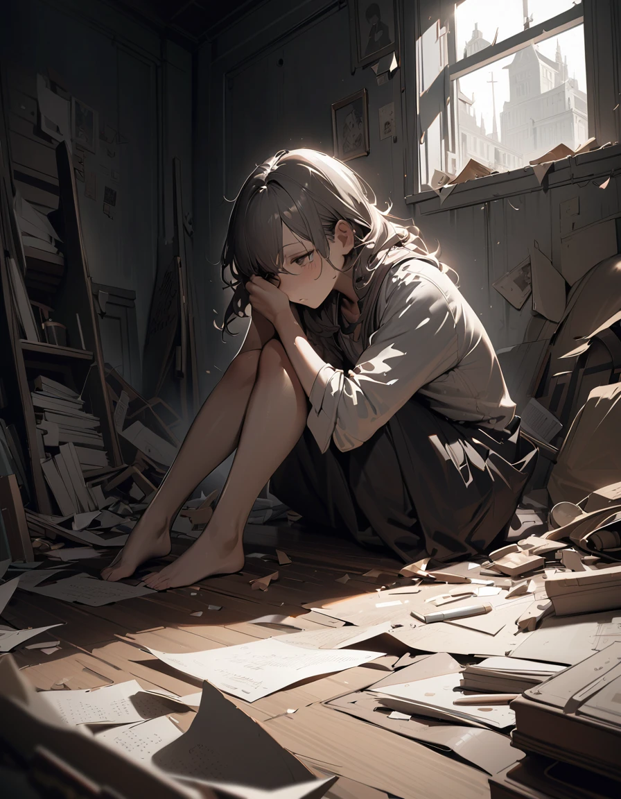 ((best quality)) , ((masterpiece)) , (detailed),A desperate woman sitting on the floor, burying her head in her hands, with messy hair and simple, faded clothing in a dimly lit room with old, peeling wallpaper and clutter in the corners, captured in a dramatic, emotional, high-resolution, photorealistic artwork by artists like Jeremy Mann and Greg Rutkowski, evoking a sense of despair and abandonment, featuring intricate details and sharp focus