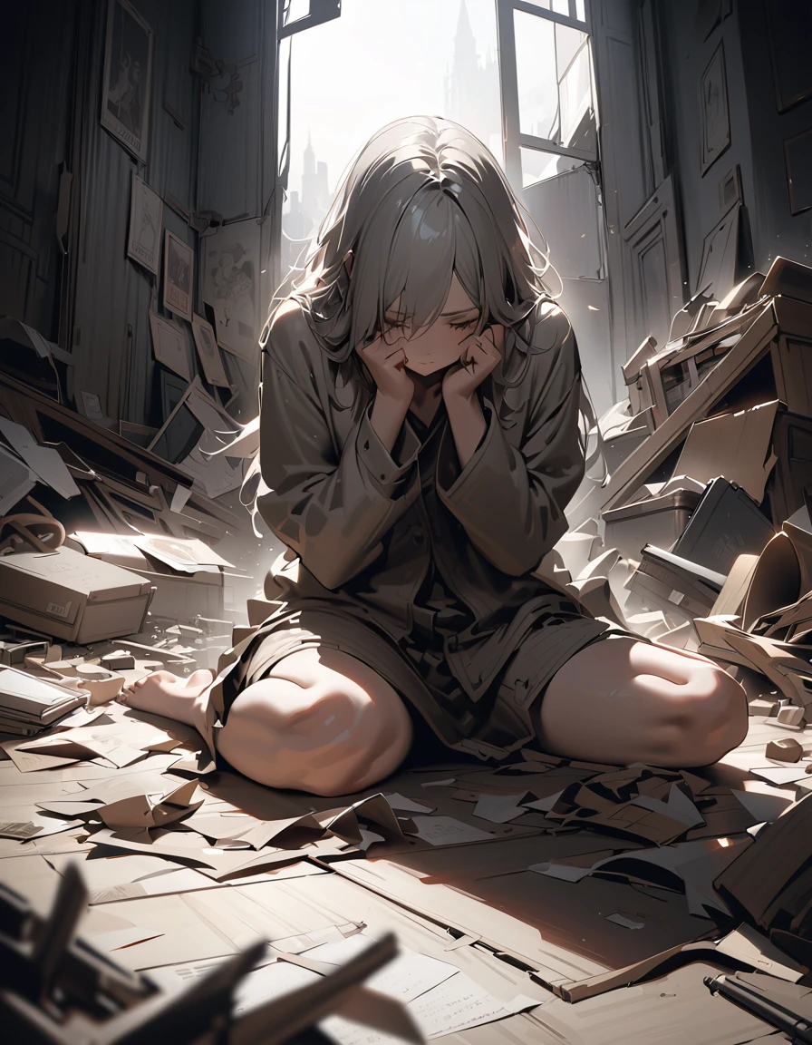 ((best quality)) , ((masterpiece)) , (detailed),A desperate woman sitting on the floor, burying her head in her hands, with messy hair and simple, faded clothing in a dimly lit room with old, peeling wallpaper and clutter in the corners, captured in a dramatic, emotional, high-resolution, photorealistic artwork by artists like Jeremy Mann and Greg Rutkowski, evoking a sense of despair and abandonment, featuring intricate details and sharp focus
