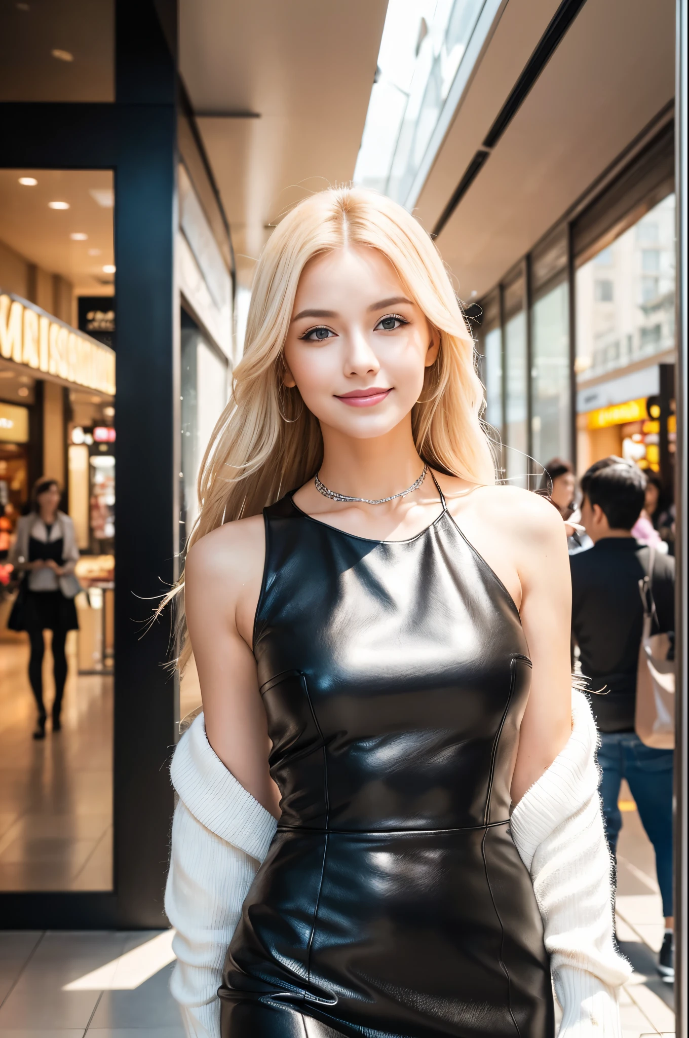 (best quality, 4k ,8k, highres, masterpiece:1.2), ultra-detailed, (realistic, photorealistic, photo-realistic:1.37), closeup, beautiful Swedish woman, beautiful smile, long lashes, defined eyebrows, platinum blonde hair, fair skin, slender figure, elegant posture, wearing large sparkling colorful jewelery, wearing a business style black leather dress, standing in a large shopping mall, gentle sunlight shining through the shopping mall windows, casting a soft glow on her face, adding warmth to the scene, vibrant colors, capturing the essence of vibrant city life, portrait style, showcasing her natural beauty and grace in a feminine way.