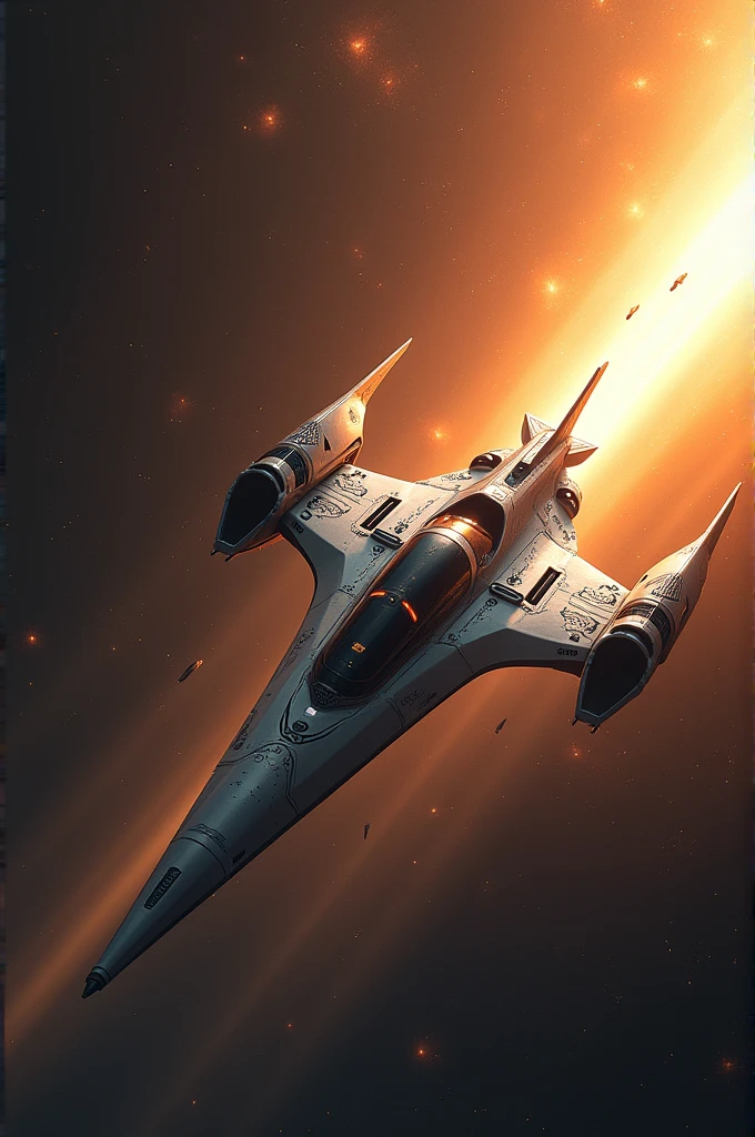 A car flying to another galaxy, that ends in a point, receiving energy from the sun, with wings and a propeller 