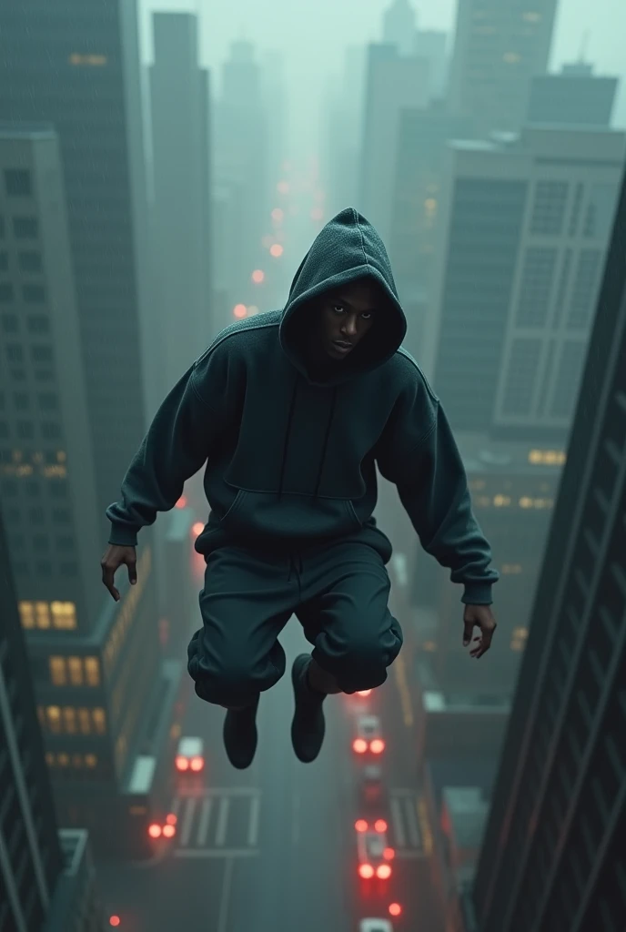 Man in hoodie rapper clothes falling from the sky in coats to the ground in a city raining heavily seen from above