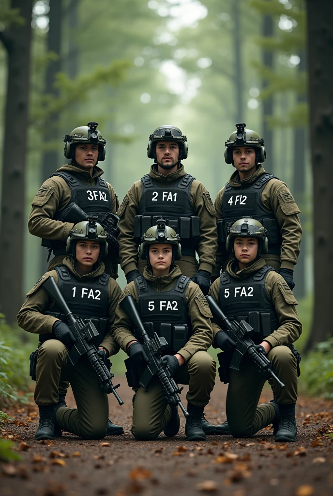 Create a realistic image of a five-person special forces unit posed in a 'family photo' style formation. The team includes three men and two women, all standing or kneeling closely together in a unified, yet distinctly visible group. They are fully equipped with tactical gear, including night vision goggles, HK 416 assault rifles, and bulletproof vests. The vests prominently display their respective ranks and identifiers: 1Fa2, 2Fa2, and 3Fa2 for the men, and 4Fa2 and 5Fa2 for the women. The setting is a dense forest with towering green trees, but the focus is on the team, standing on a small, cleared patch of ground as if posing for a commemorative photo after a mission. Ensure the composition allows for each member's face, gear, and identifiers to be clearly visible. Leave space at the top or bottom of the image to add a logo, while maintaining the integrity of the 'family photo' feel. The overall atmosphere should convey both the camaraderie and professionalism of this elite unit."