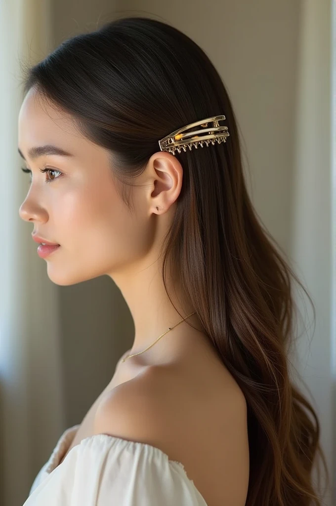 Woman's hair clipped by claw clip