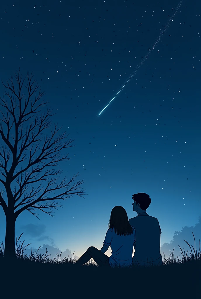 two person men and women sit on the grass while watching the beauty of the darkness of the sky that has a lot of stars on it. the place has a leafless tree behind them and then suddenly a shooting star appears from east to west direction and the women pointed the shooting star