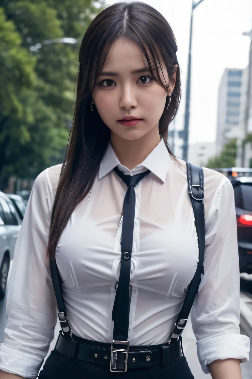 a woman in a suit, belt, hands behind back, sweating, suspenders, black pants, sexly, large breasts, see-through clothing, rain, detective, office worker, white button-up shirt, (best quality,4K,8k,highres,masterpiece:1.2),ultra-detailed,(realistic,photorealistic,photo-realistic:1.37),hyper-detailed,highly detailed face and body, Slender　thin　suspenders　Moderate breasts　See-through shirt　Nipples　holster　chain　Pistol　Armament　criminal　Female criminal　knife
