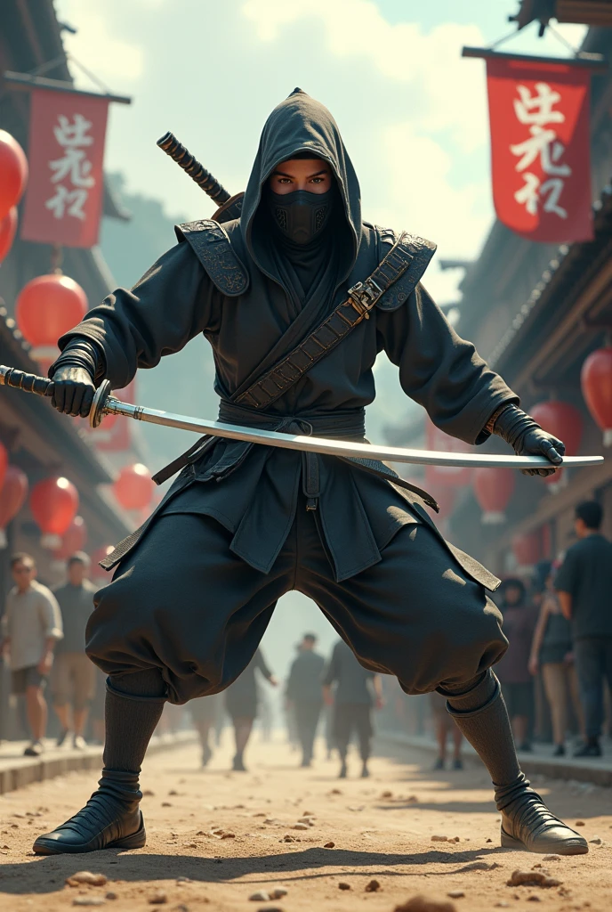 masterpiece, Art Station, Highest quality, 8k, ultraRealistic, Digital Art, Ninja man illustration, Ninja costume, slim, Sports competition, in a village, Zhou Haoguang, Backlight, Volumetric lighting, Realistic, Realistic lighting, Cinema Lighting, Sharp focus,Shibuya,In town,crowd,