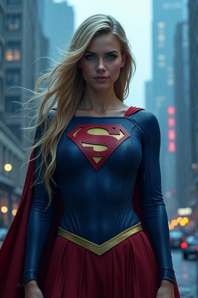 Cw supergirl, extreme realism, under blue light, as it rains