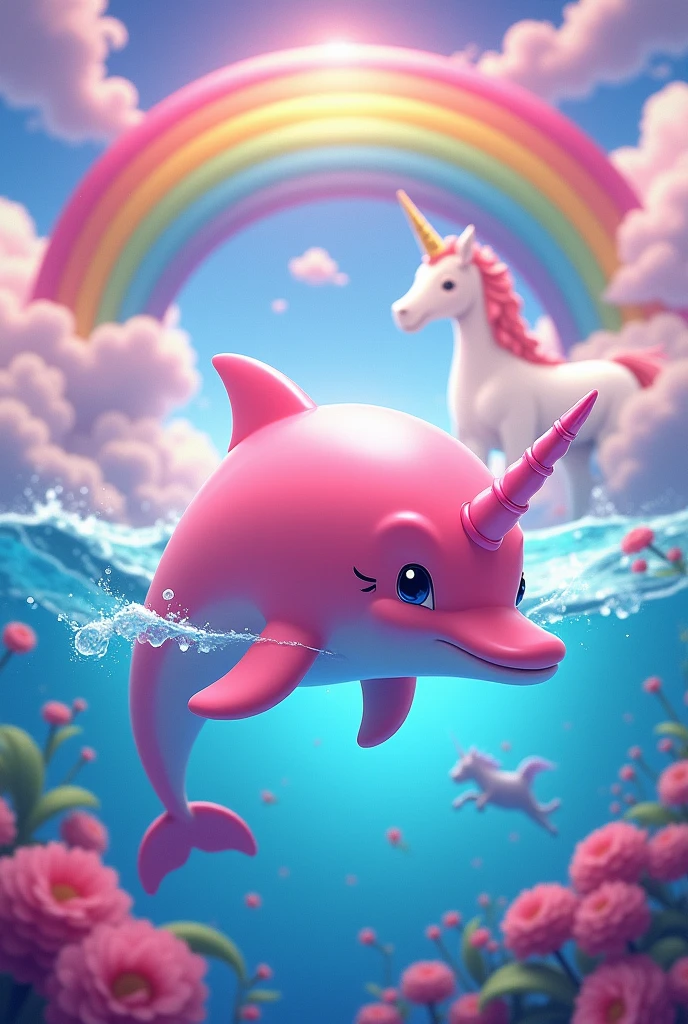 Pink dolphin with a rainbow and a unicorn