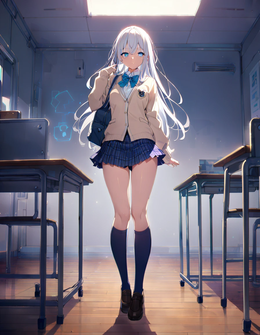 (8K:1.5),anime, high school girl,Full body, high school uniform, ribbon, plaid skirt, navy blue knee socks, beautiful legs, glowing skin, classroom