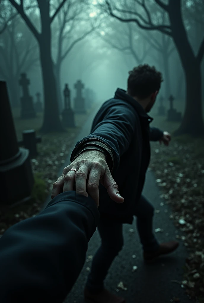 Hand holding a jacket of someone who is escaping from a cemetery