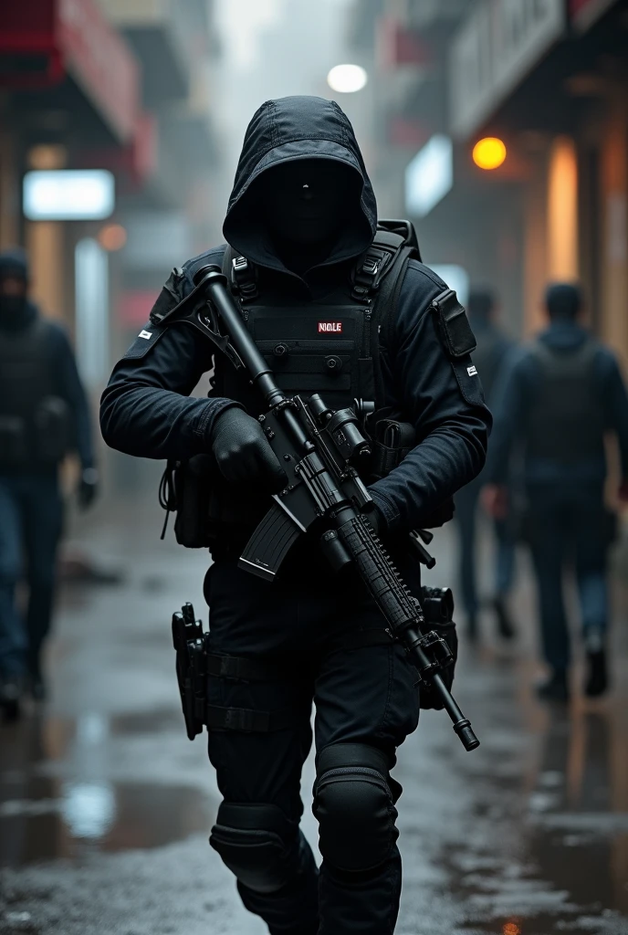 I would like a special forces tactical police officer, with black camouflage uniform, White and grey