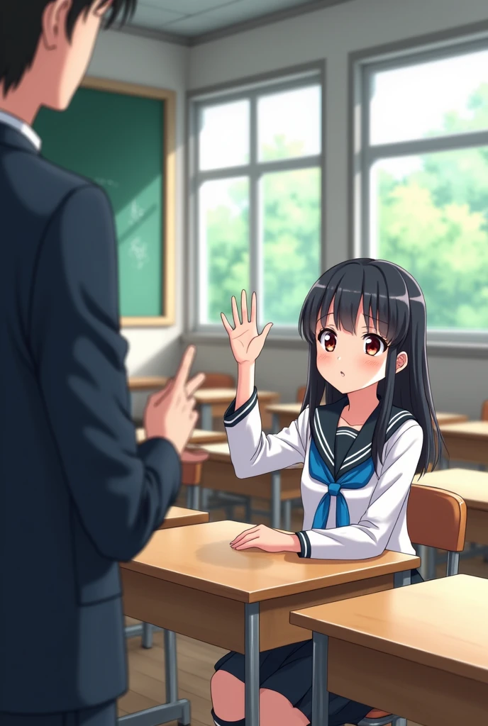 student raises her hand and asks the teacher something,アニメ