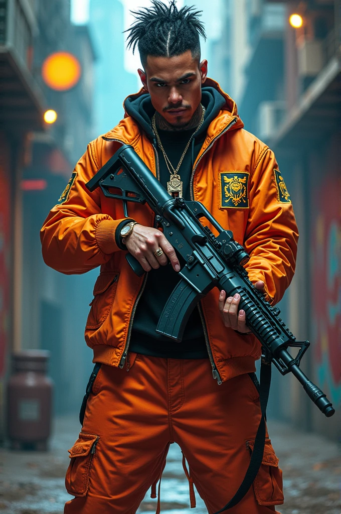 Create design Person reggaeton player with a machine gun with the name Metraa-Pr