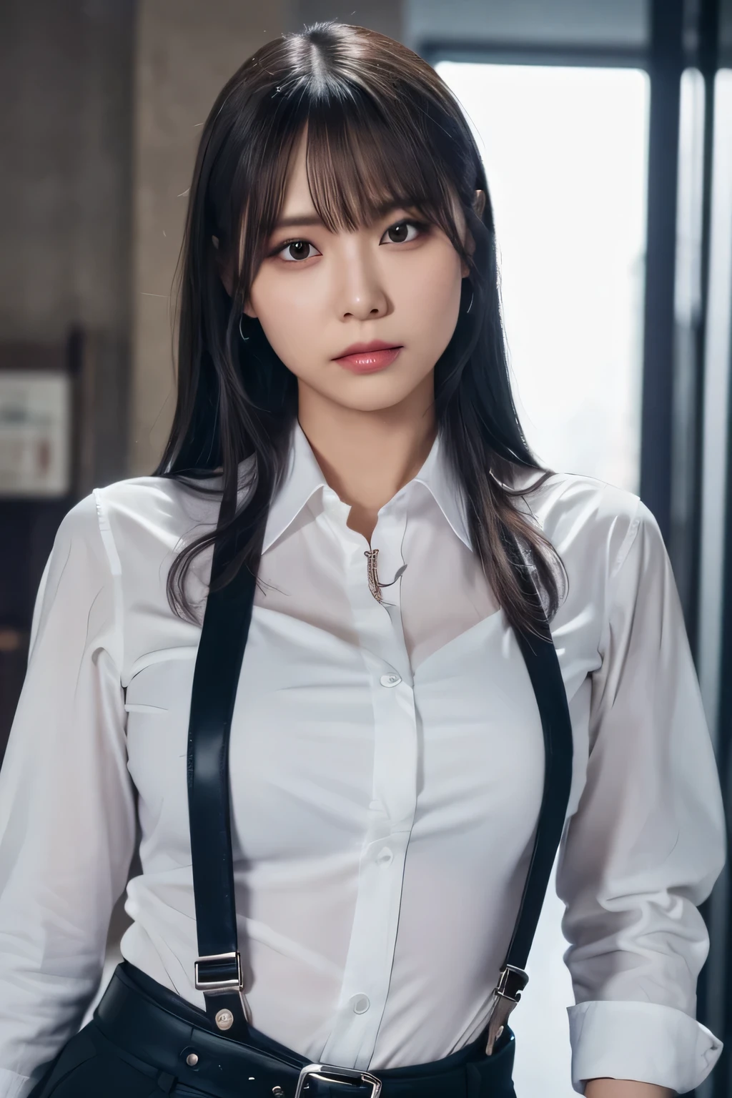 a woman in a suit, belt, hands behind back, sweating, suspenders, black pants, sexly, large breasts, see-through clothing, rain, detective, office worker, white button-up shirt, (best quality,4K,8k,highres,masterpiece:1.2),ultra-detailed,(realistic,photorealistic,photo-realistic:1.37),hyper-detailed,highly detailed face and body, Slender thin suspenders Moderate breasts See-through shirt Nipples holster chain Pistol Armament criminal Female criminal knife