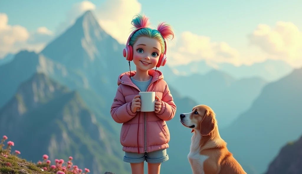 A young girl with tied-up colorful hair and rainbow-like eyes, listening to calm music on headphones, with a sexy smile, holding a cup of coffee, wearing allstar, at the top of a mountain. An image that inspires calm, tranquility, lightness, simplicity, and comfort, 16:9, full hd, with a dog on the side