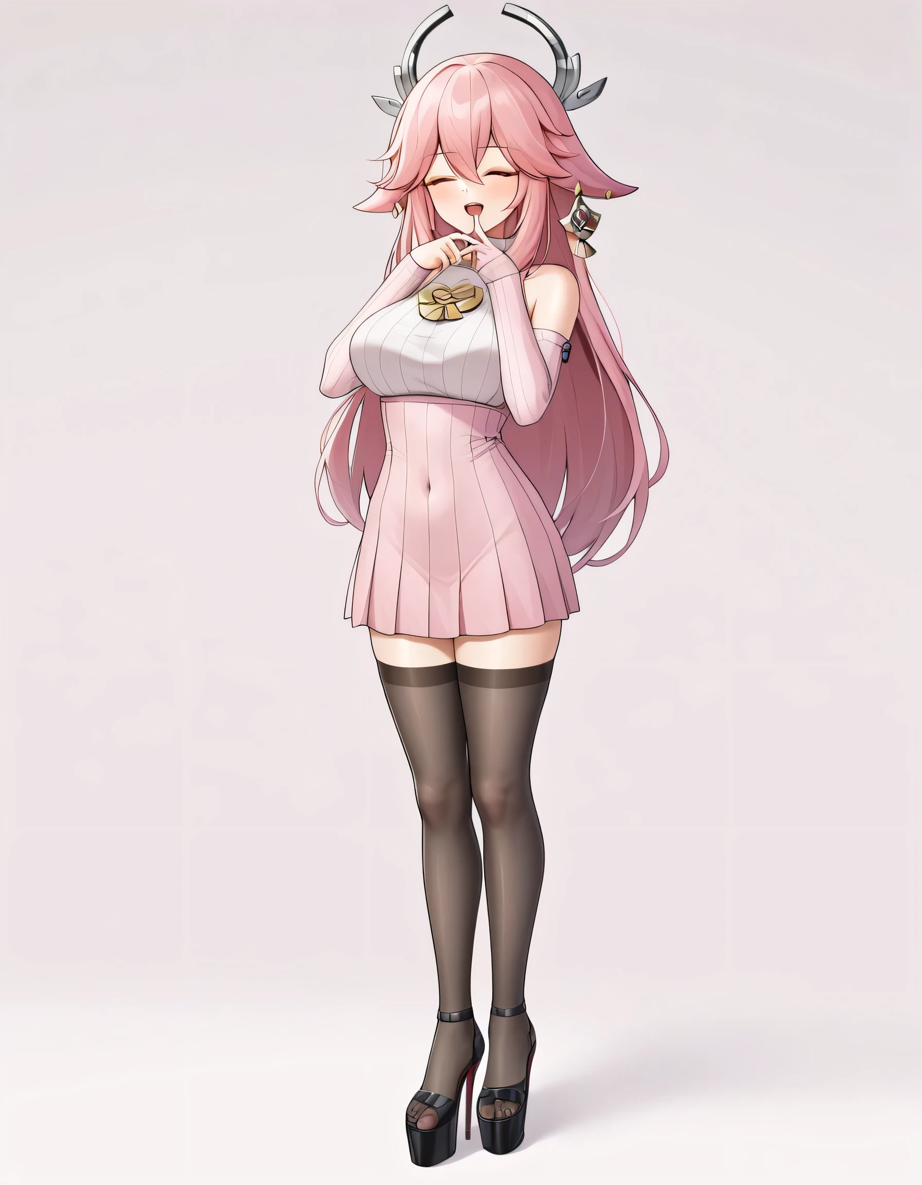score_9,score_8_most,score_7_most,Bachong, alone, finger_To_Mouth closed, Pink_chemise, Pink_theme, Schmucklos_backdrop, 1 girl, long_sleeve, open_Mouth closed, pleated_rocks, breasts, seek_at_Toschauer, Pink_sweater, White_backdrop, White_chemise, Pink_Ribbon, sleeve_Past_wrists, highres, absurdeste, sleeveless_sweater, whole body, black nylon stockings, platform High heels