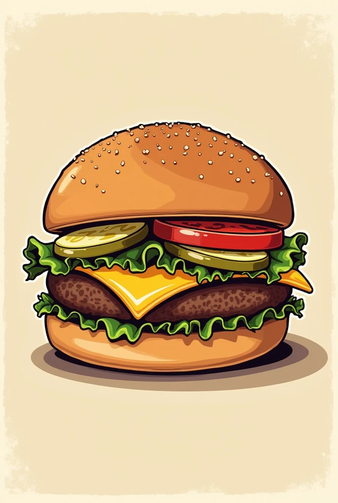 a digital art of a burger, art drawn in old school style with colors